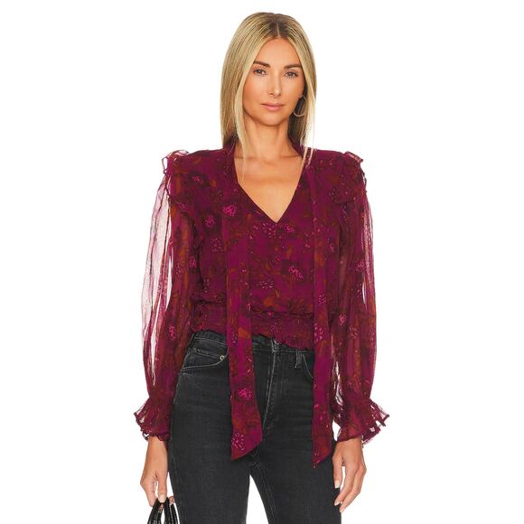 Cleobella Olivia Purple Botanical Floral Print Tie Neck Top - Picture 3 of 12